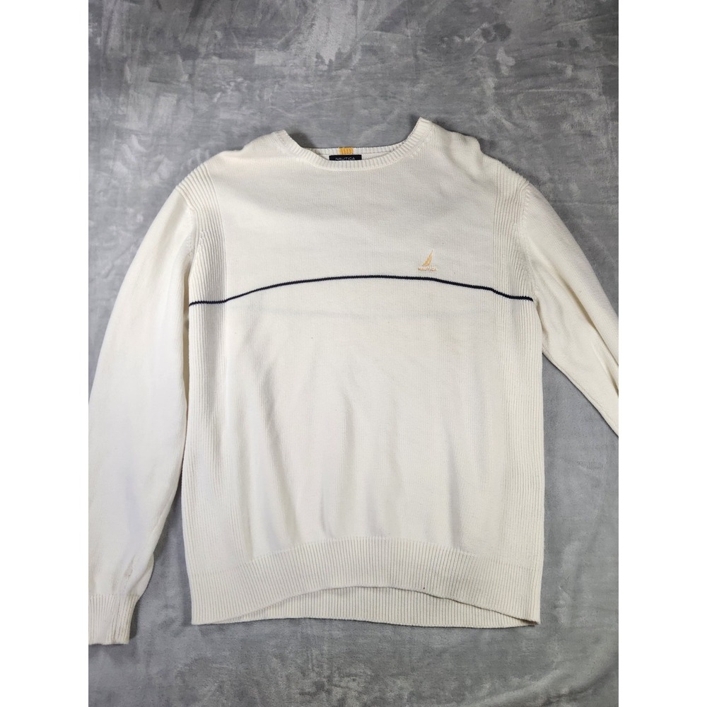 Nautica Sweater Men's XL Ivory Striped Y2K Vintage Knit Embroidered